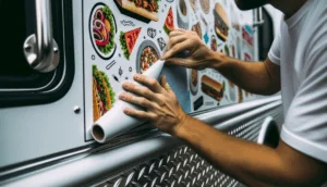 Close-up image of a food truck's side, where an installer's hands are in the process of adhering vinyl graphics wrap. The hands move with precision, highlighting the expertise and attention to detail involved in the wrapping process.