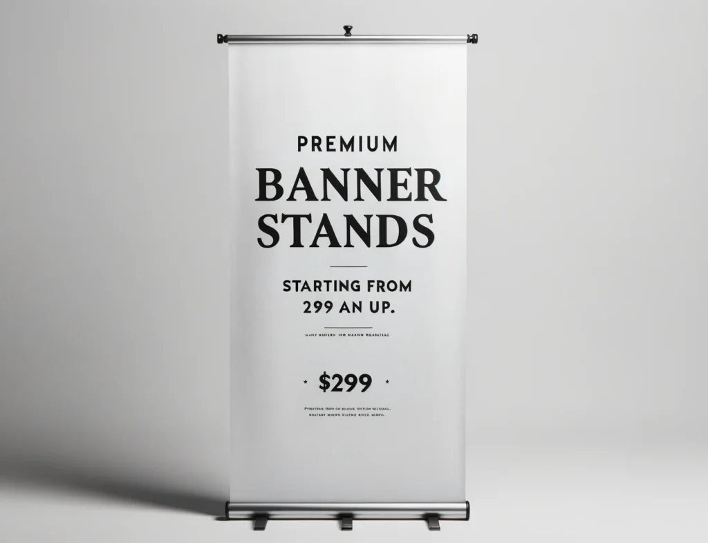 DALL·E 2023 10 24 23.18.41 Photo of a sleek banner stand isolated on a plain white background. Front and center on the banner in bold and elegant font the message reads PREM e1698204097804
