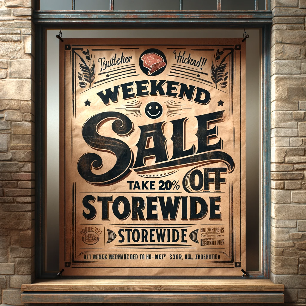 DALL·E 2023 11 05 19.32.25 Design a window sign on brown paper for an old fashioned meat store front advertising a weekend sale. The sign should replicate the nostalgic look of