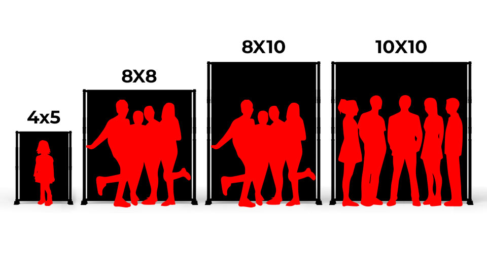 different photo backdrop sizes with red silhouettes