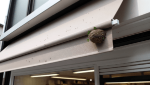 a photorealistic illustration of bird nest in an awning